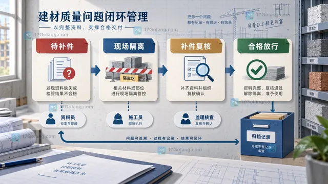 建筑项目进场材料资料卡示意,展示规格批次证明文件和复验状态的对应关系