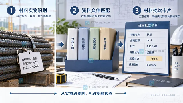 建筑材料进场异常闭环看板示意,展示待补件隔离复核退场和使用放行之间的关系