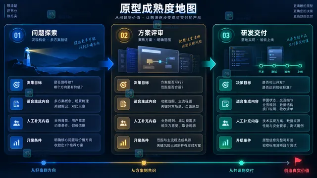 问题探索方案评审研发交付三个原型成熟度阶段与目标示意