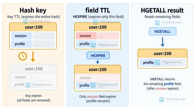 Redis HTTL HPTTL 与 HSET 覆盖后 field 过期状态的排查关系示意图