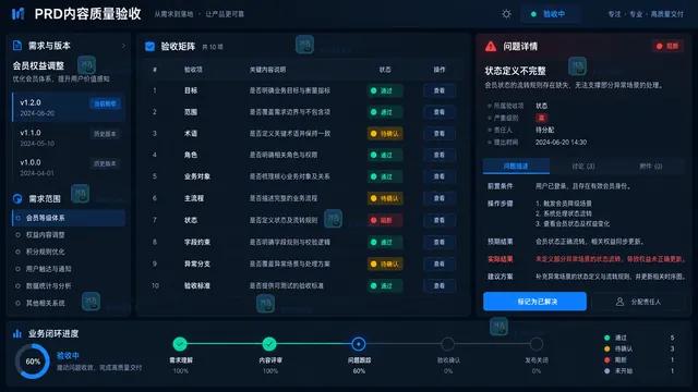 PRD目标范围术语角色流程状态字段异常与验收项检查工作台示意