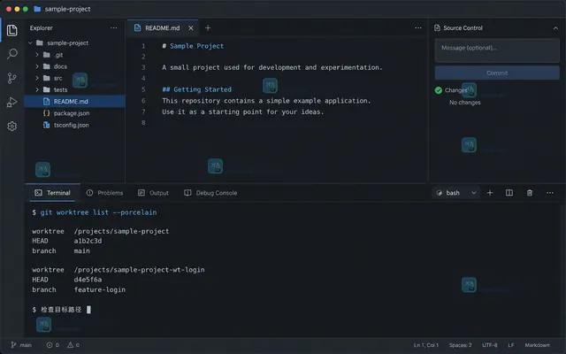 Git worktree 清理结果示意,列表移除目标工作树并显示分支安全删除状态