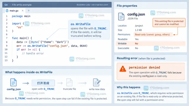 Go 使用同目录临时文件写入后 Close 和 Rename 替换 config.json 的原文件保留结果示意图