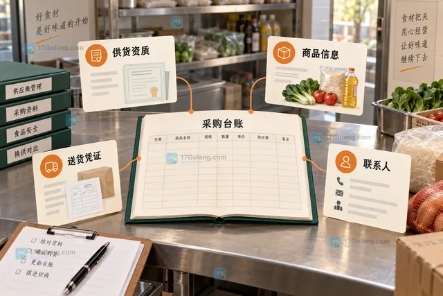 餐饮门店更换供应商时将供货资质、商品信息、送货凭证、联系人与采购台账对应的资料归档示意图