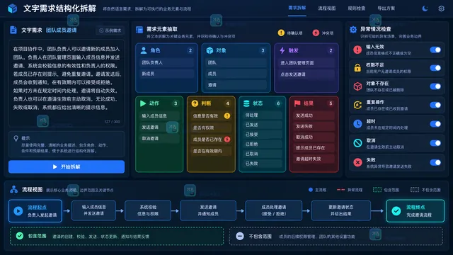 文字需求角色对象触发动作判断状态结果与异常项抽取工作台示意