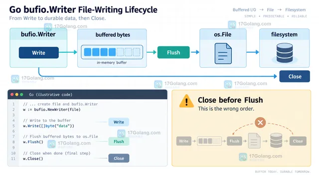 Go bufio.Writer Write Flush Close 错误检查与 defer LIFO 顺序结果示意图