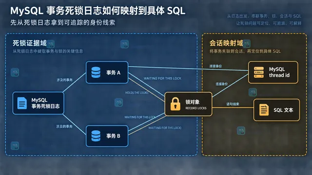 MySQL data_lock_waits、data_locks、THREAD_ID、EVENT_ID 与 SQL_TEXT 的静态查询关系框图