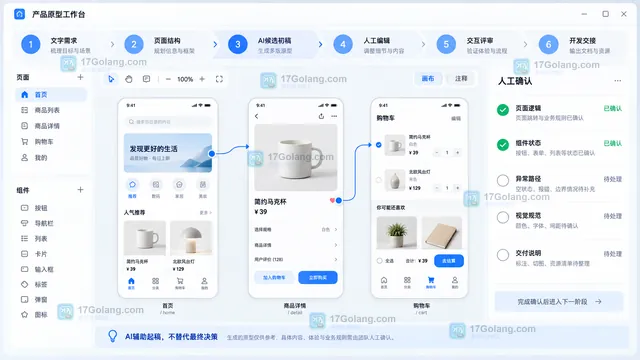 从文字需求页面结构原型编辑交互评审到开发交接的能力范围工作台示意