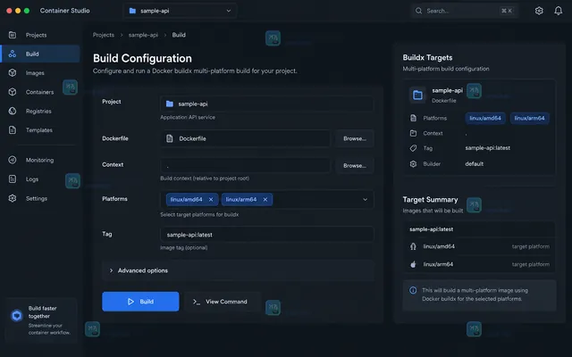 Docker buildx 镜像仓库结果界面示意，manifest 列出 linux amd64 与 linux arm64
