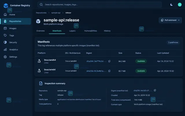 Docker buildx 多平台构建工具界面示意，显示 linux amd64 与 linux arm64 目标平台选择