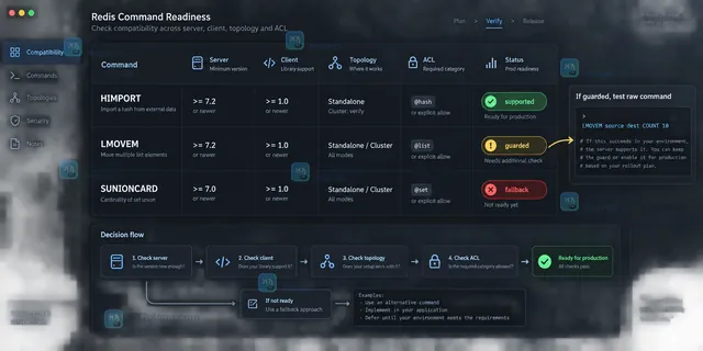 Redis 服务端版本与 COMMAND INFO 命令注册关系的原创核对界面示意图