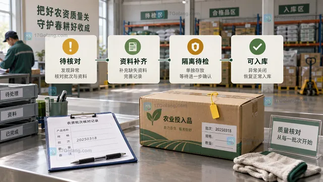 农业合作社农资到货验收示意图，包装批号、合格证明与采购记录互相对应