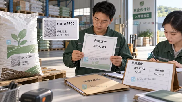 农业合作社农资批次异常闭环示意图,展示待核对、资料补齐、隔离待检和可入库状态