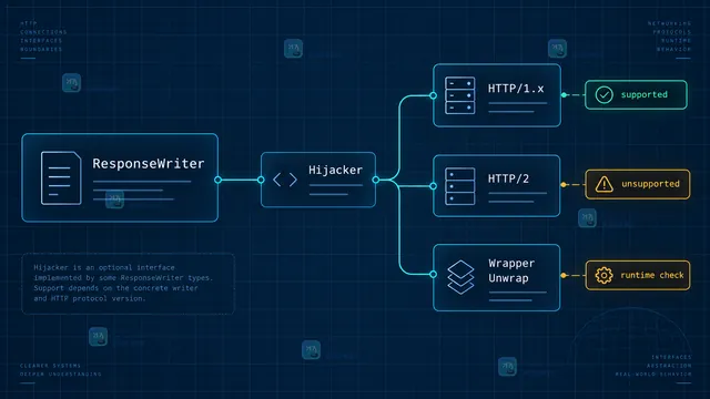 Go http.Hijacker 在 HTTP 1.x、HTTP 2 和 ResponseWriter 包装器之间的支持边界示意图