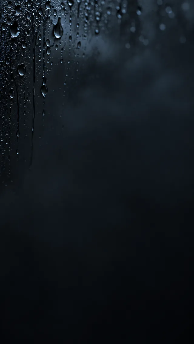 墨黑雨滴手机壁纸主图示意：顶部边缘有雨滴高光，中下部是低纹理暗部图标安全区