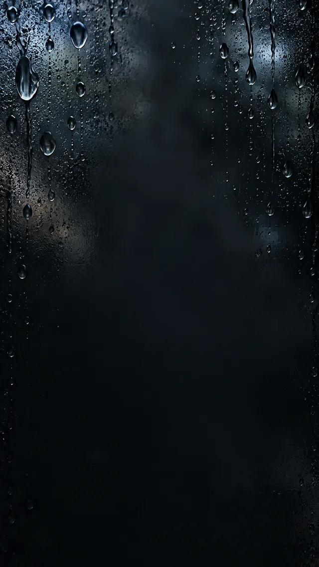 墨黑雨滴手机壁纸左上斜向变体：雨滴集中在左上，中心至底部形成连续暗色图标区