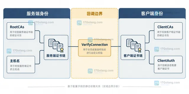 Go TLS 客户端校验域与服务端校验域的结构关系，展示 InsecureSkipVerify 与 ClientAuth 的不同方向