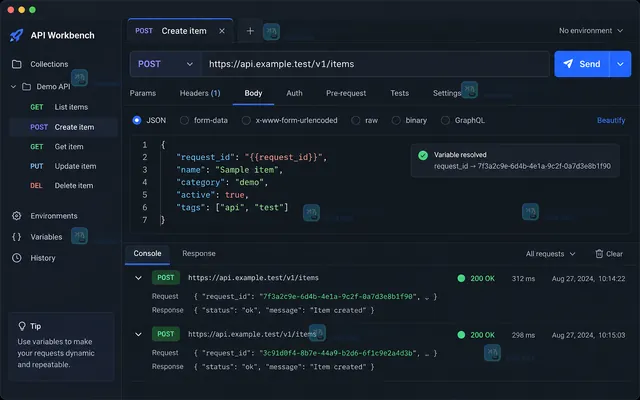Postman Scripts Pre-request 编辑器中生成 request_id 并保存的操作界面示意