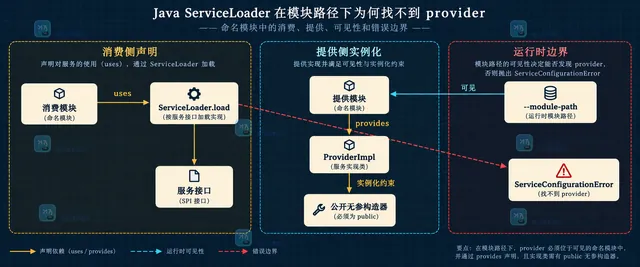 ServiceLoader 消费模块、服务接口、提供模块和实例化约束关系示意图
