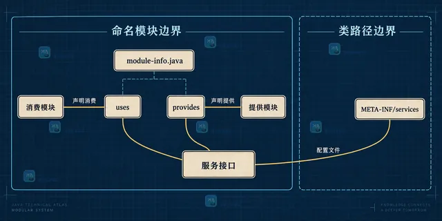 命名模块与类路径的 ServiceLoader 发现边界关系示意图
