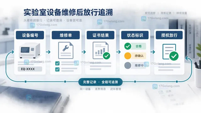 实验室维修单、设备编号、证书结果和授权放行相互关联的记录示意图