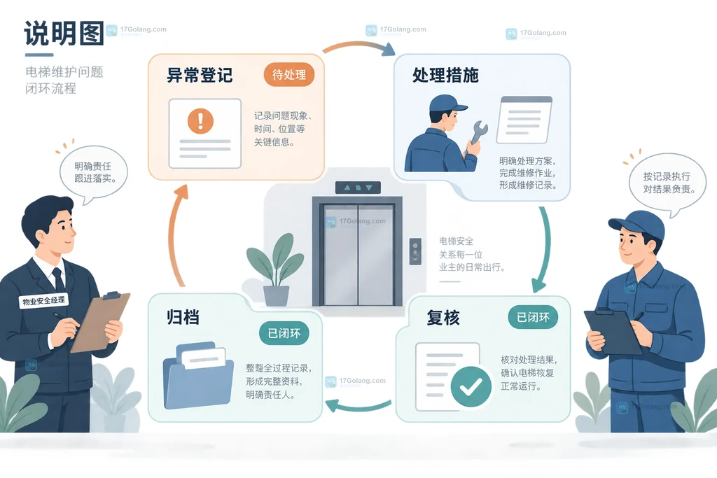住宅物业核对电梯设备编号、维保日期、维保项目和安全管理人员签字的关系说明图