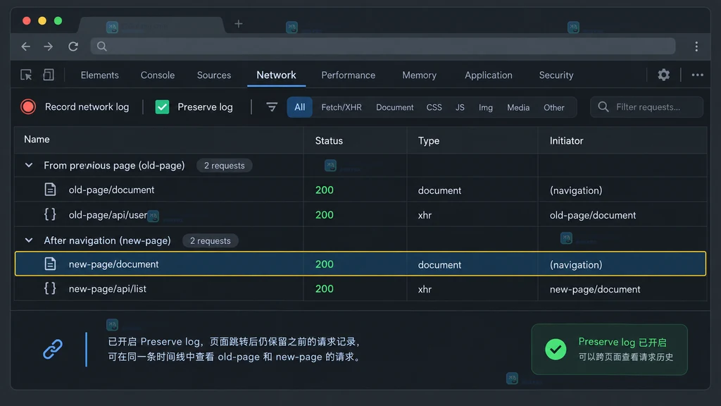 Chrome DevTools Network 面板入口说明图,显示 Record network log 与未勾选 Preserve log 的请求表状态