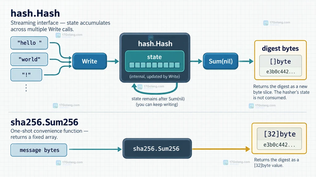 Go crypto/sha256 中一次性 []byte 选择 Sum256、持续数据流选择 New 的输入分流结构图