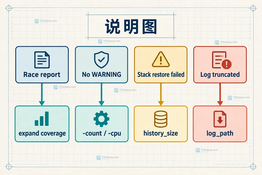 Go race detector 报告中读写冲突栈、goroutine 创建栈与共享状态之间的结构关系说明图
