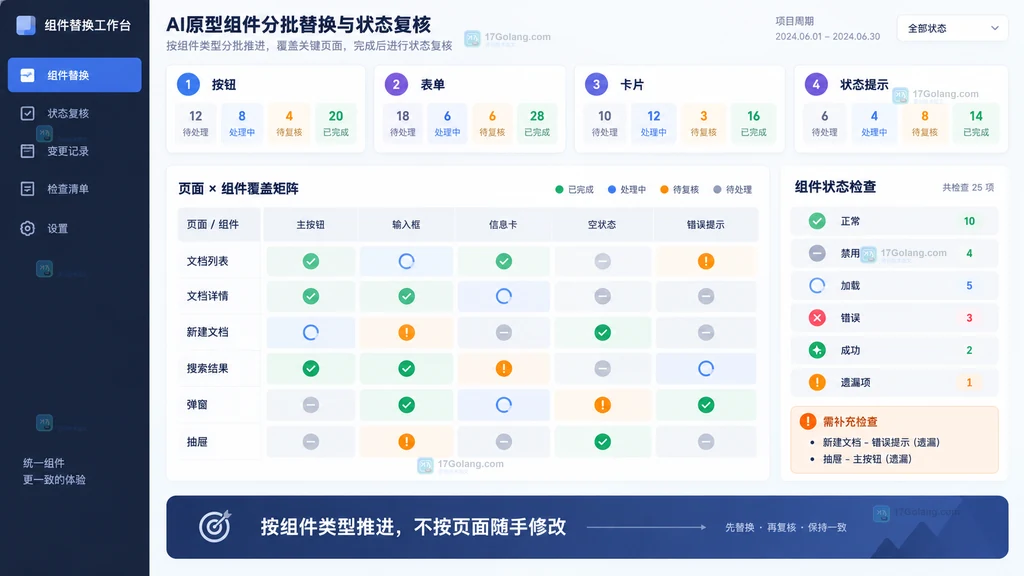 AI原型组件按类型分批替换正常禁用错误成功状态复核示意