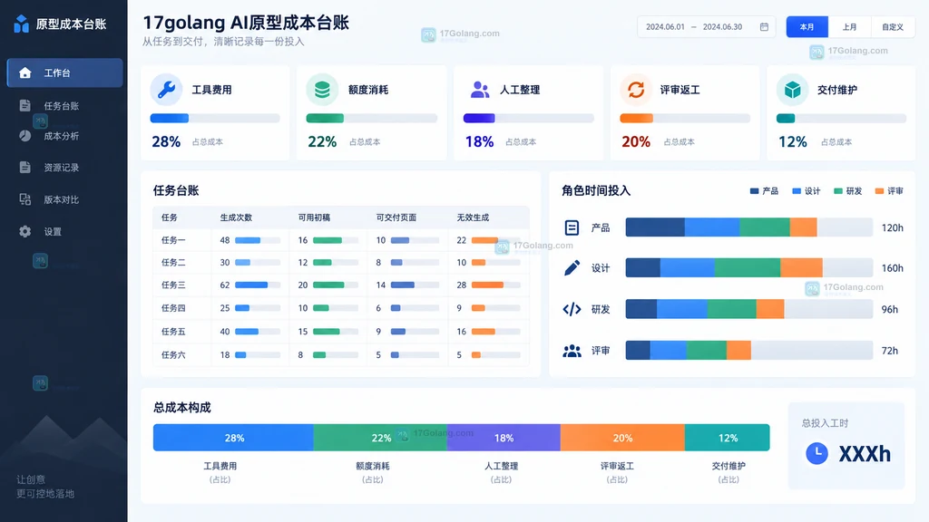 AI原型工具额度人工评审返工维护成本台账示意