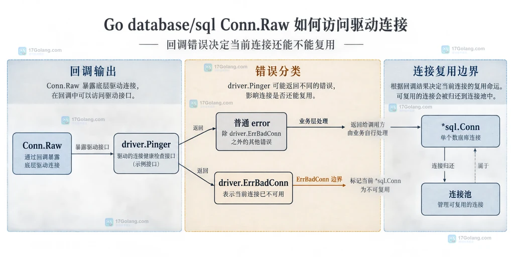 Go database/sql Conn.Raw 的连接池、sql.Conn、Raw 回调和 driver.Conn 所属边界说明图