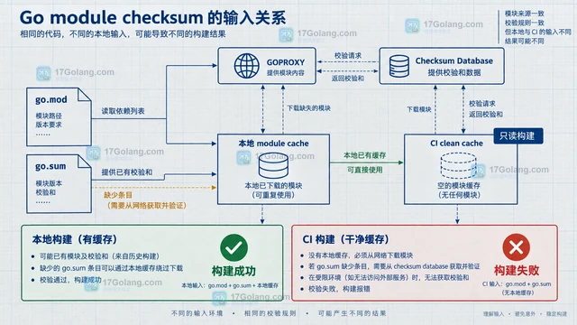 Go module checksum 缺失时为什么只在 CI 失败