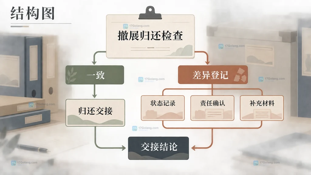 文化场馆借展物品撤展归还时从一致分流到归还交接、从差异登记经过状态记录和责任确认形成交接结论的结构图