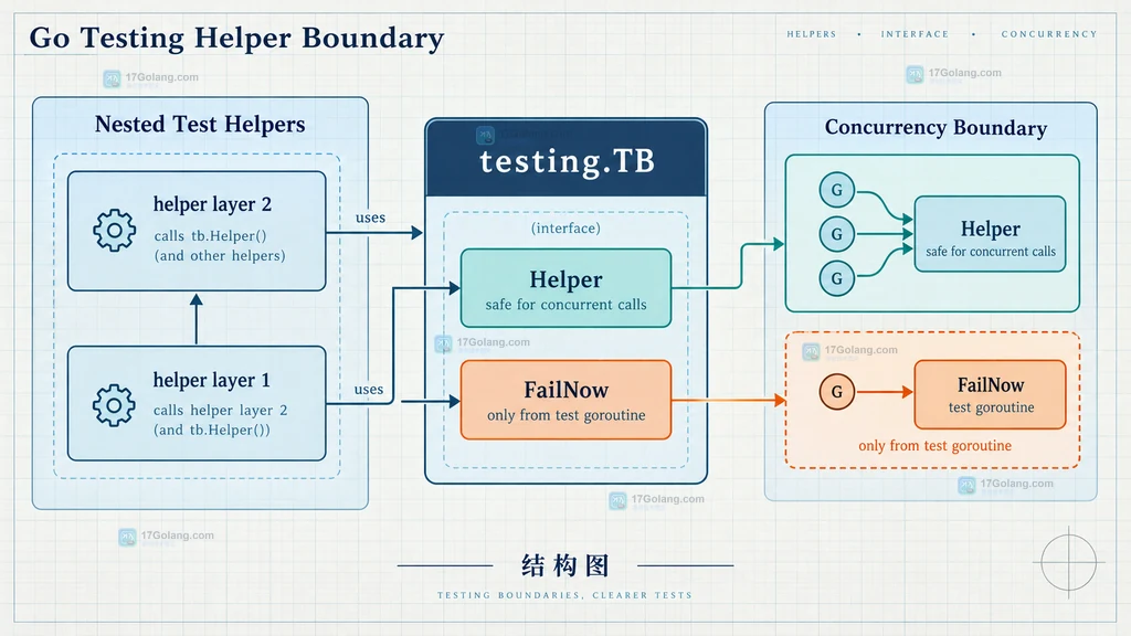 Go testing.TB Helper 调用链说明图,展示测试调用方、断言 helper 与失败位置的关系