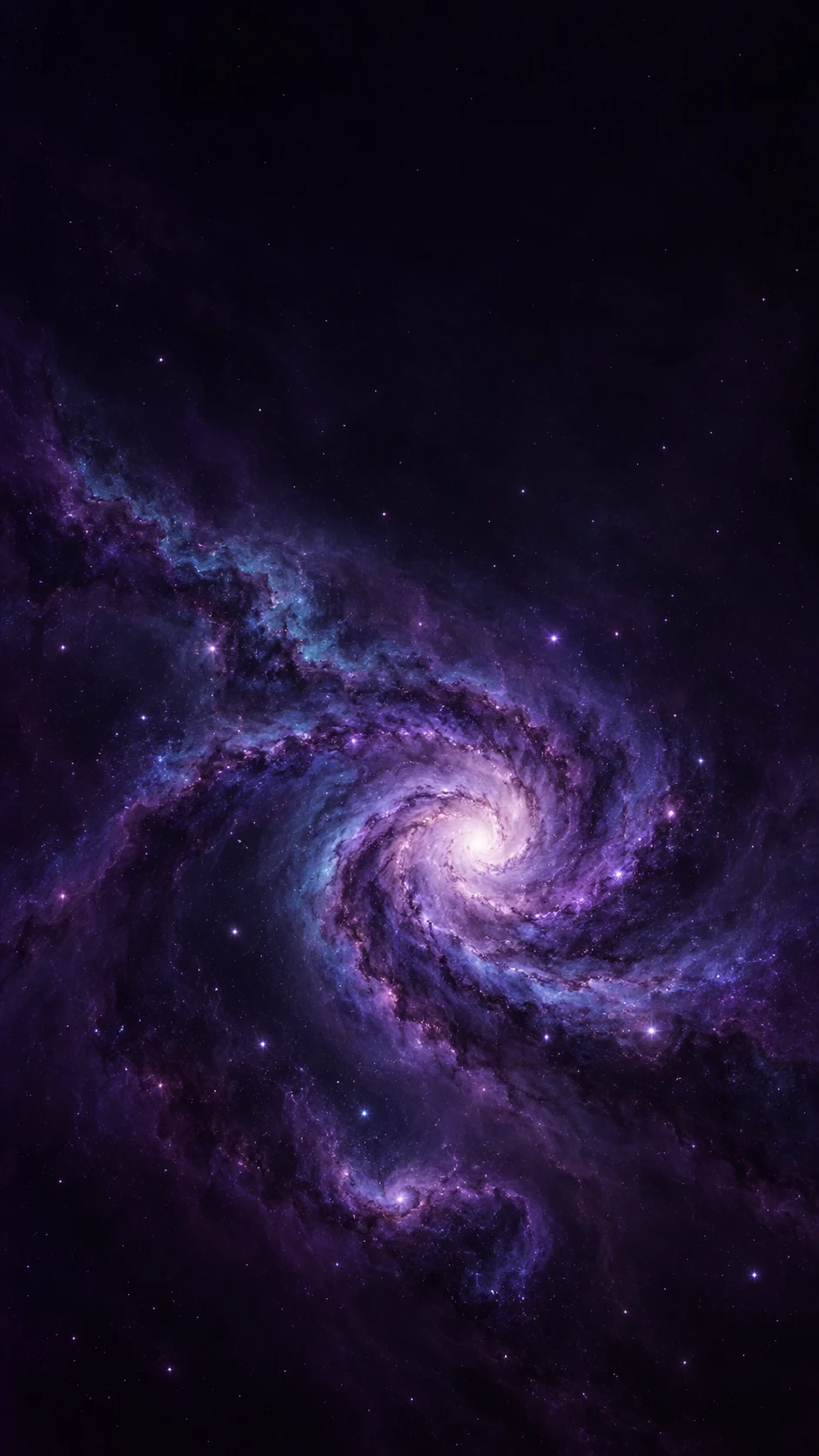 深紫螺旋星云手机壁纸,冷白紫色核心位于画面中下部,上方保留暗色锁屏留白