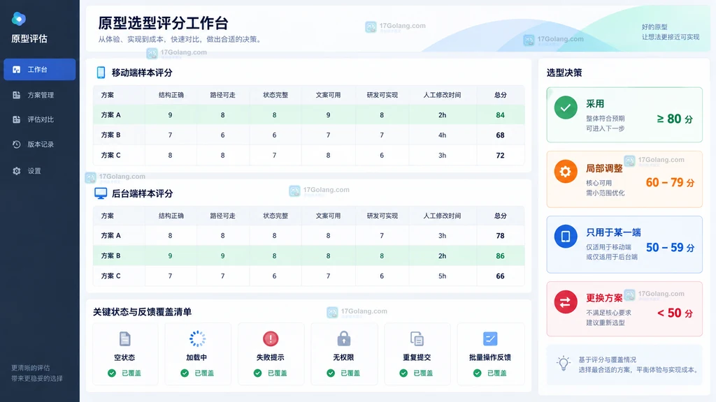 移动端后台端原型生成结果人工修改量状态覆盖和评审结论评分表示意