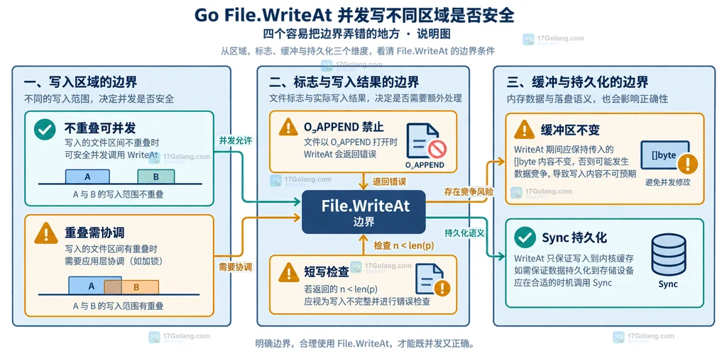 Go File.WriteAt 并发分片写入中 os.File、WriterAt、偏移区间和独立缓冲区的关系说明图