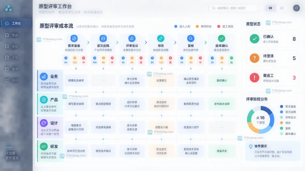 业务产品设计研发跨角色原型评审准备会议修改复核版本确认成本流示意