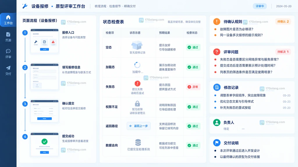 原型页面状态异常分支评审问题修改记录交付说明工作台示意
