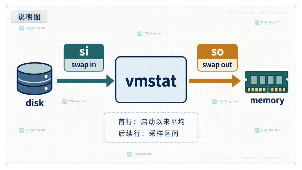 Linux 持续换页判断中 vmstat 字段与 proc vmstat 累计计数的交叉核对结构图