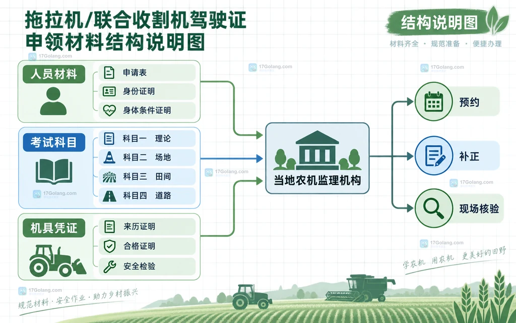 农机驾驶操作证办理中人员申请、考试安排和机具登记的材料边界说明图