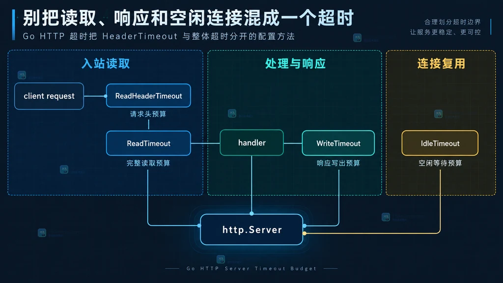 Go http.Server ReadHeaderTimeout 与 ReadTimeout 对请求头和请求体读取边界的静态关系说明图