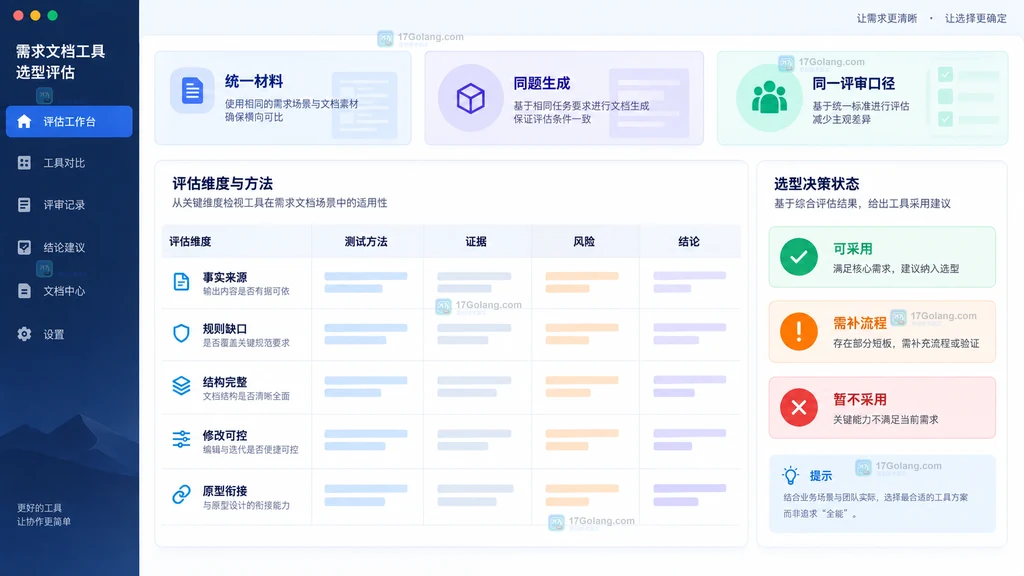 需求文档生成工具事实追溯缺口识别结构修改原型衔接选型评分表示意