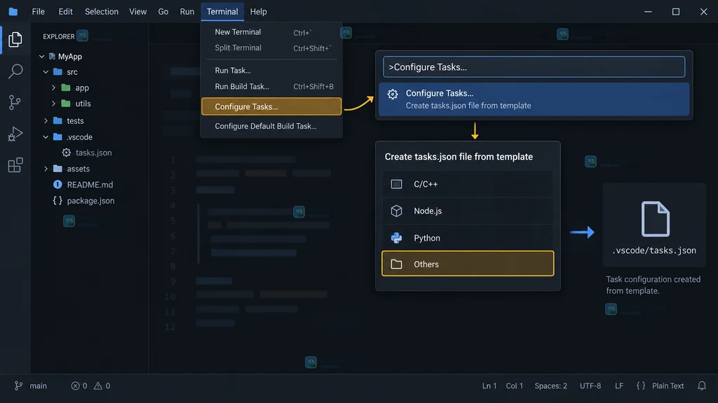 VS Code tasks.json 输入变量配置说明图,左侧显示 inputs 与任务参数引用,右侧显示环境下拉和服务名字段