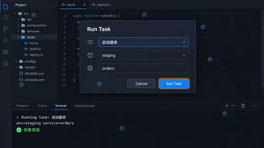 VS Code 任务运行结果说明图,输入面板完成环境与服务名选择后,集成终端显示启动参数回显