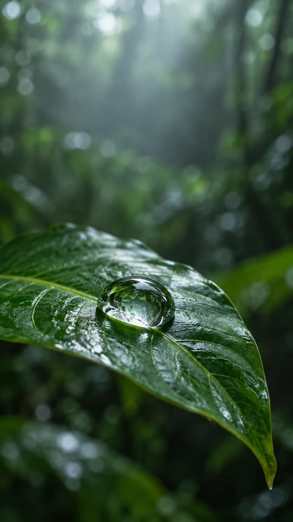雨林水滴手机壁纸暖光变体，斜向叶片和琥珀边缘光把水滴焦点放在右下中部