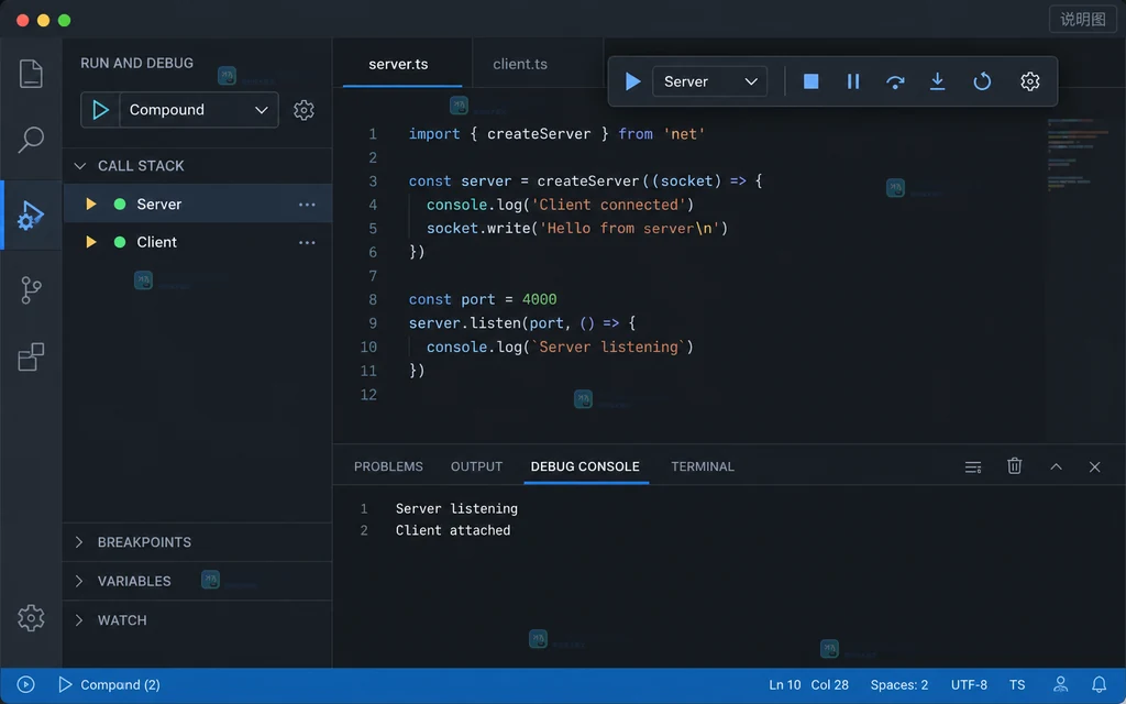 VS Code launch.json Compound 界面说明图,展示 Server 和 Client 配置名称被 configurations 引用并设置 stopAll