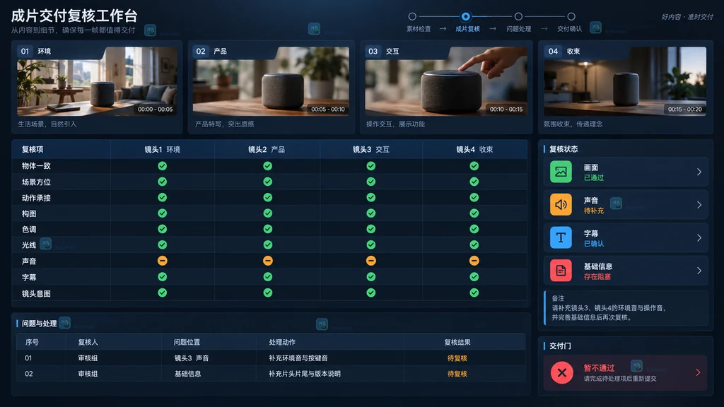 逐镜画面连续性声音字幕基础信息成片交付门检查工作台