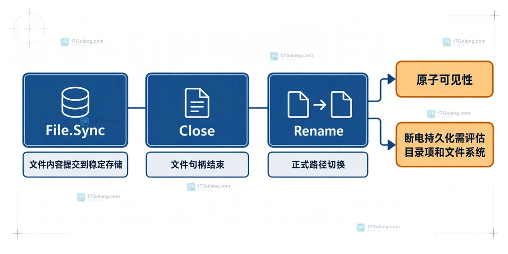 Go os.File 同目录临时文件与正式文件的原子替换关系说明图